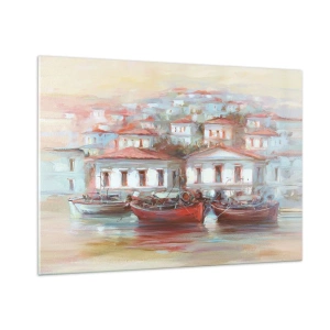 Impression sur verre - Image sur verre - Une ville pittoresque avec des bateaux dans le port au coucher du soleil - 100x70cm - Petite ville heureuse - Décoration murale moderne pour le salon et la chambre ARTTOR