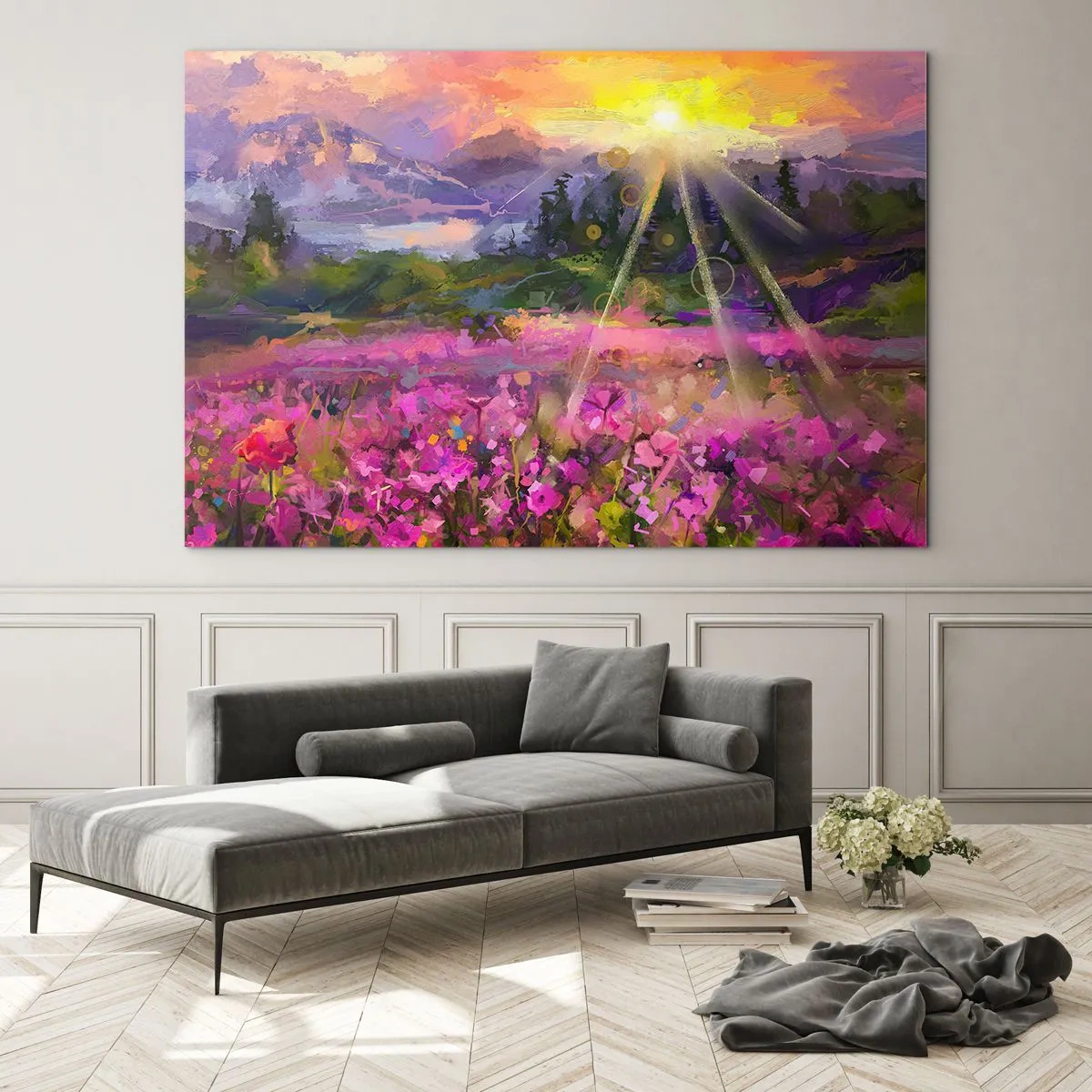 Impression sur verre - Image sur verre - Une vallée pittoresque pleine de fleurs illuminées par les rayons du soleil - 120x80cm - Dans la vallée à l'abri du soleil - Décoration murale moderne pour le salon et la chambre ARTTOR