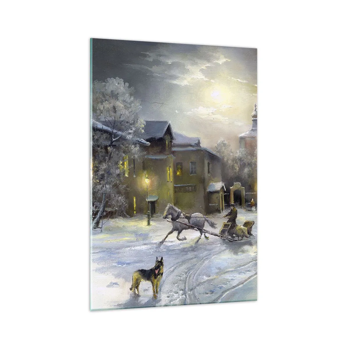 Impression sur verre - Image sur verre - Paysage d'hiver dans une ville russe avec un traîneau et une église - 70x100cm - La magie de l'hiver russe - Décoration murale moderne pour le salon et la chambre ARTTOR