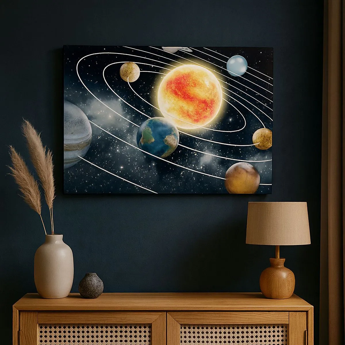 Impression sur toile - Image sur toile - Système solaire avec planètes et soleil dans l'espace - 70x50cm - Danse cosmique - Décoration murale moderne pour le salon et la chambre ARTTOR