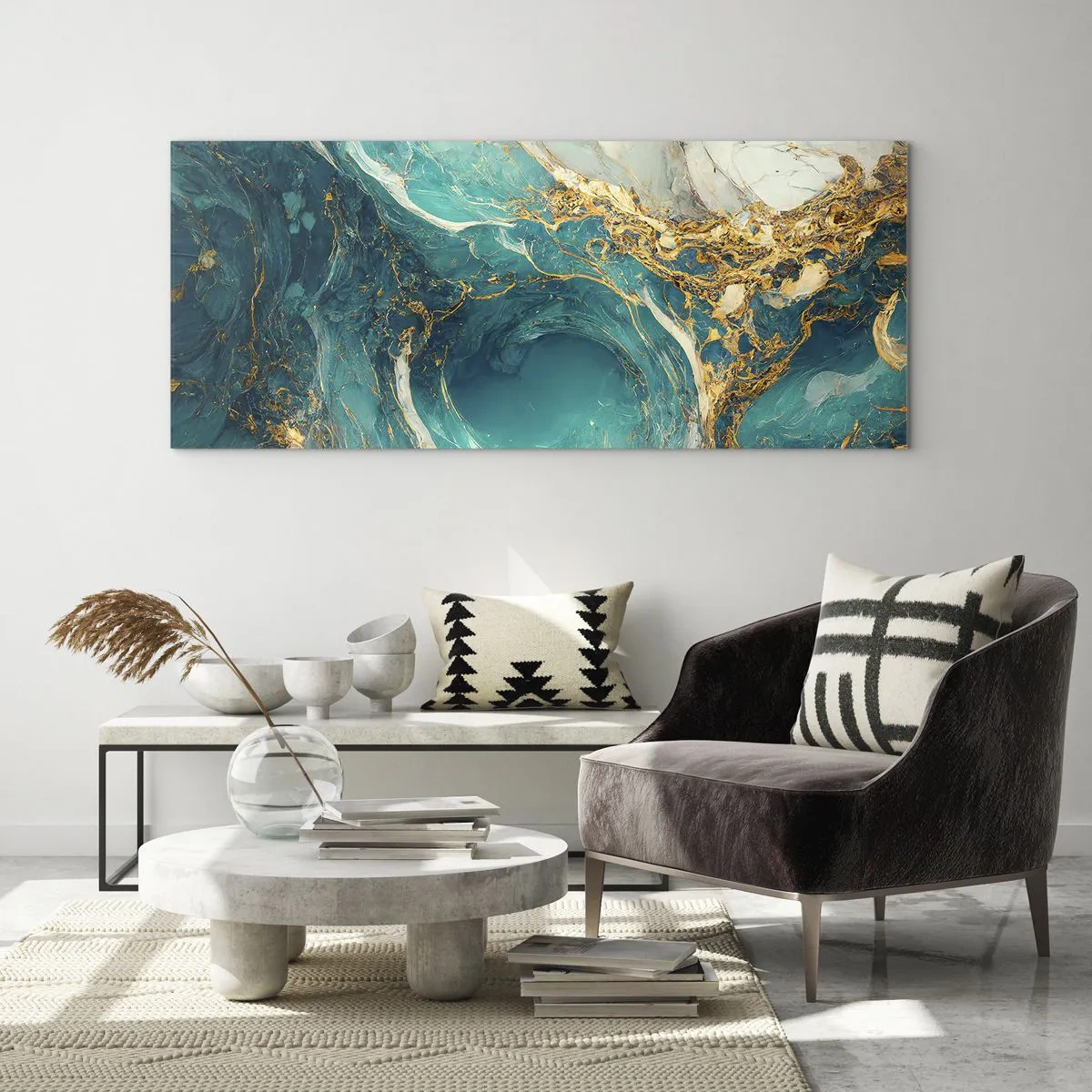 Impression sur verre - Image sur verre - Une composition abstraite dans des tons turquoise et or. - 120x50cm - Composition en veines d'or - Décoration murale moderne pour le salon et la chambre ARTTOR