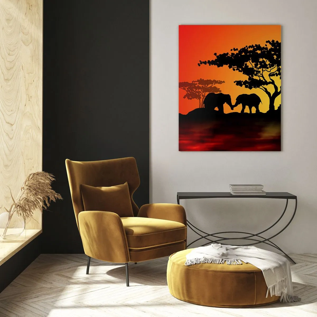 Impression sur verre - Image sur verre - Coucher de soleil africain avec des silhouettes d'éléphants et de girafes au-dessus de l'eau - 80x120cm - Rencontre dans la savane - Décoration murale moderne pour le salon et la chambre ARTTOR