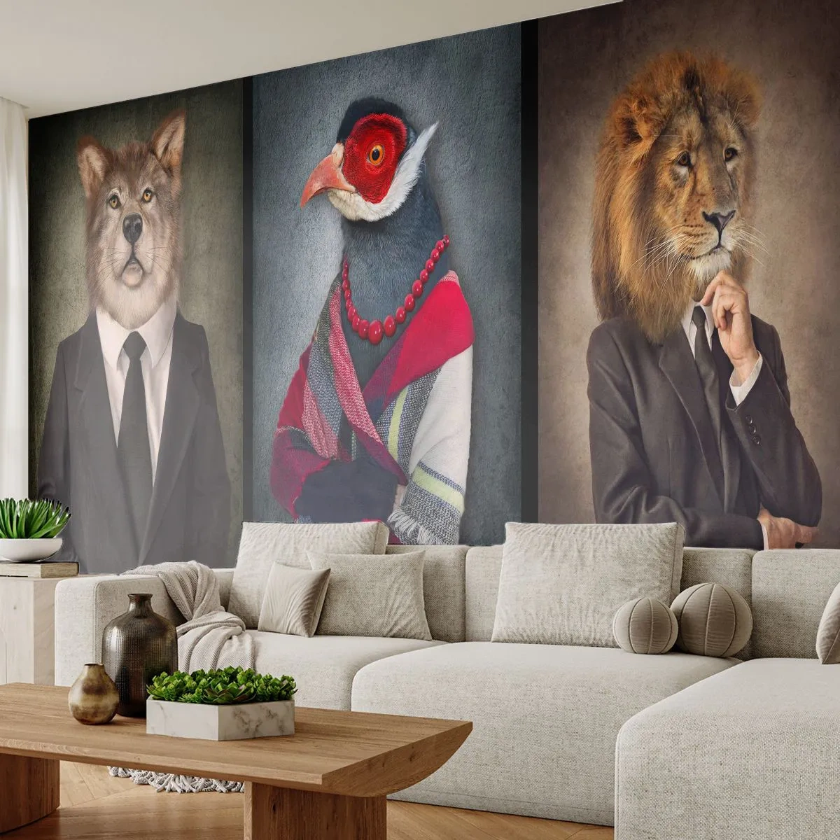 Papier Peint Photo Standard Eco - Portraits d'animaux en vêtements humains sur fond sombre - 100x70cm - Qu'est ce que je fais ici?! - Décoration murale moderne pour le salon et la chambre ARTTOR