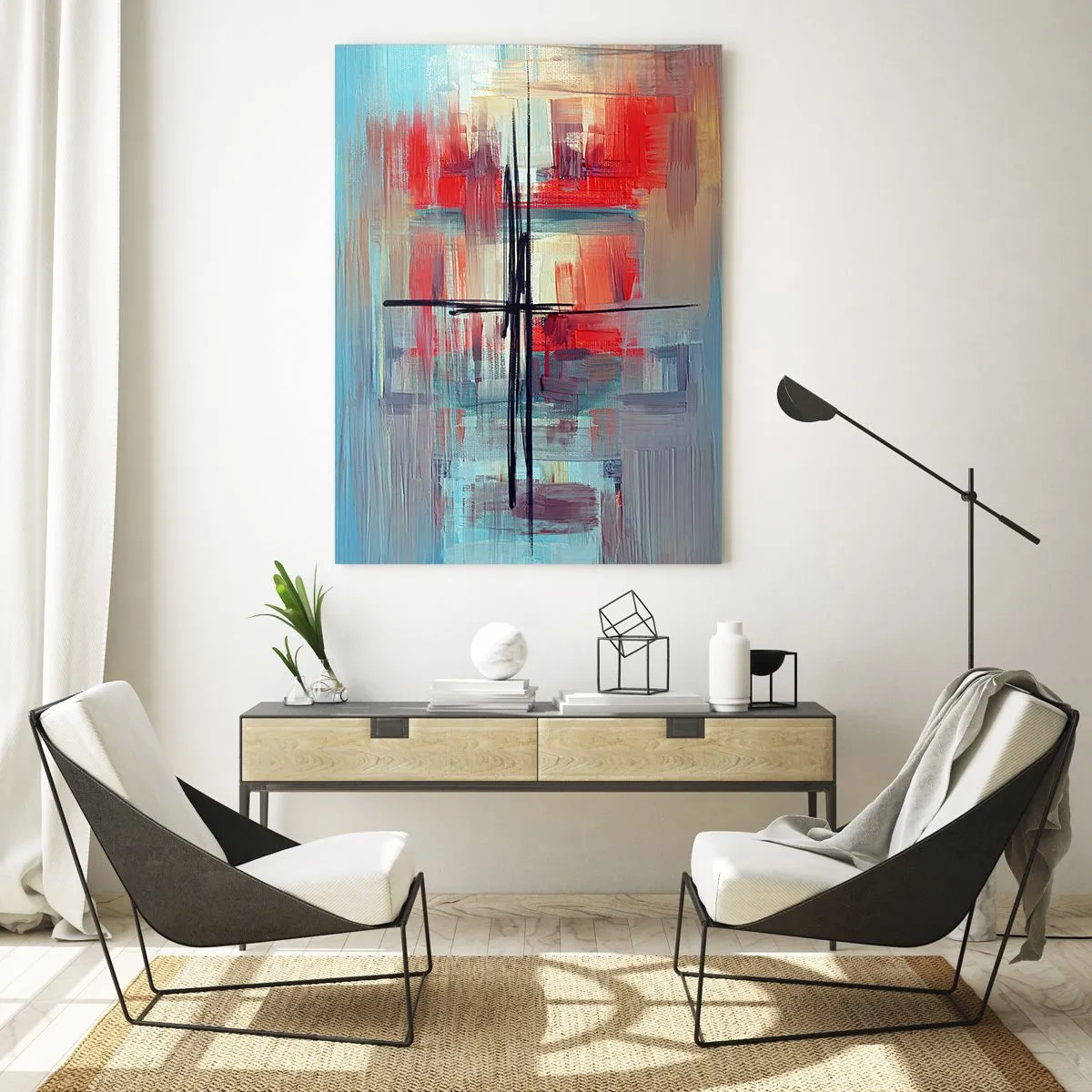 Impression sur verre - Image sur verre - Une composition abstraite aux couleurs intenses, aux lignes et aux formes géométriques. - 70x100cm - Un paysage dans une dimension inconnue - Décoration murale moderne pour le salon et la chambre ARTTOR