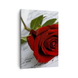 Impression sur toile - Image sur toile - Une rose rouge sur fond de notes de musique sur papier blanc. - 50x70cm - Musique des sentiments en écarlate - Décoration murale moderne pour le salon et la chambre ARTTOR
