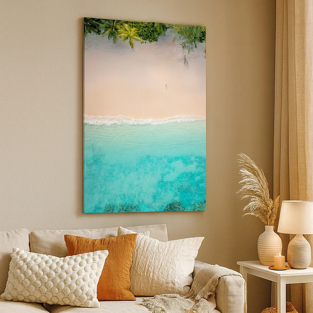 Impression sur toile - Image sur toile - Vue aérienne d'une plage tropicale aux eaux turquoises - 50x70cm - Plage paradisiaque - Décoration murale moderne pour le salon et la chambre ARTTOR
