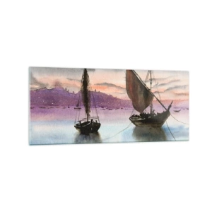 Impression sur verre - Image sur verre - Deux voiliers amarrés sur une eau calme au crépuscule - 120x50cm - Soirée au port - Décoration murale moderne pour le salon et la chambre ARTTOR