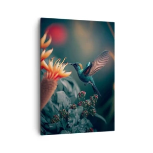 Impression sur toile - Image sur toile - Un colibri coloré parmi des fleurs sur un fond naturel - 50x70cm - une vie vraiment colorée - Décoration murale moderne pour le salon et la chambre ARTTOR