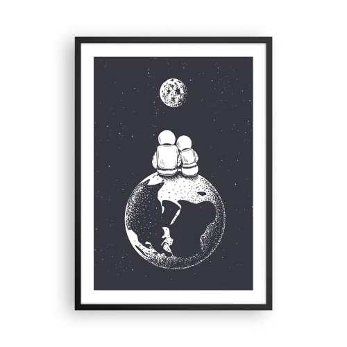 Affiche dans un cadre noir - Poster - Des astronautes assis sur Terre regardant la Lune - 50x70cm - Une histoire d'amour cosmique - Décoration murale moderne pour le salon et la chambre ARTTOR