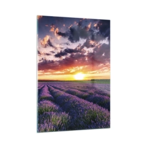 Impression sur verre - Image sur verre - Un champ de lavande au coucher du soleil avec un ciel coloré et des nuages - 50x70cm - Monde de lavande - Décoration murale moderne pour le salon et la chambre ARTTOR