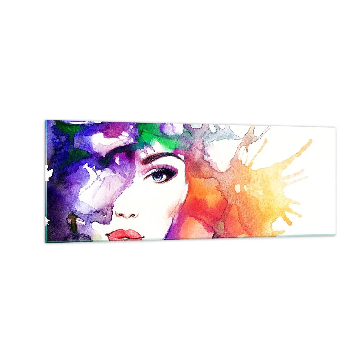 Impression sur verre - Image sur verre - Portrait d'une femme aux couleurs aquarelles avec des taches abstraites - 140x50cm - Avec la tête dans les nuages - Décoration murale moderne pour le salon et la chambre ARTTOR