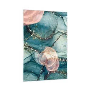 Impression sur verre - Image sur verre - Une composition abstraite dans des tons turquoise et or. - 80x120cm - Soie bleu, tulle rose - Décoration murale moderne pour le salon et la chambre ARTTOR
