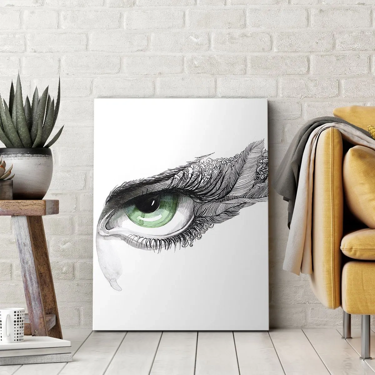 Impression sur toile - Image sur toile - Œil artistique avec iris vert et détails de dessin - 80x120cm - Belle et prête à l'attaque - Décoration murale moderne pour le salon et la chambre ARTTOR