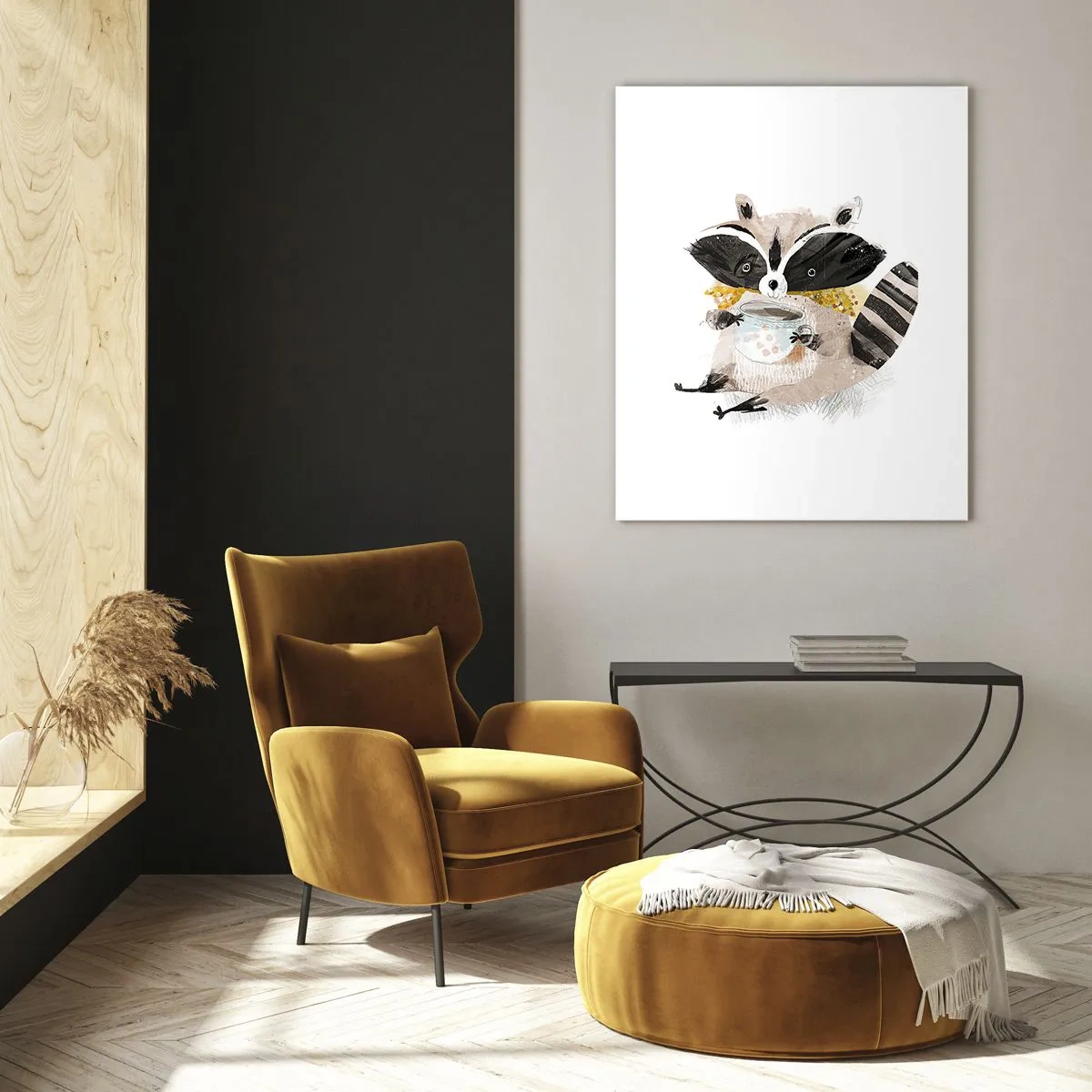 Impression sur verre - Image sur verre - Adorable raton laveur tenant une tasse de couleur pastel - 80x120cm - Mon ami le raton laveur - Décoration murale moderne pour le salon et la chambre ARTTOR