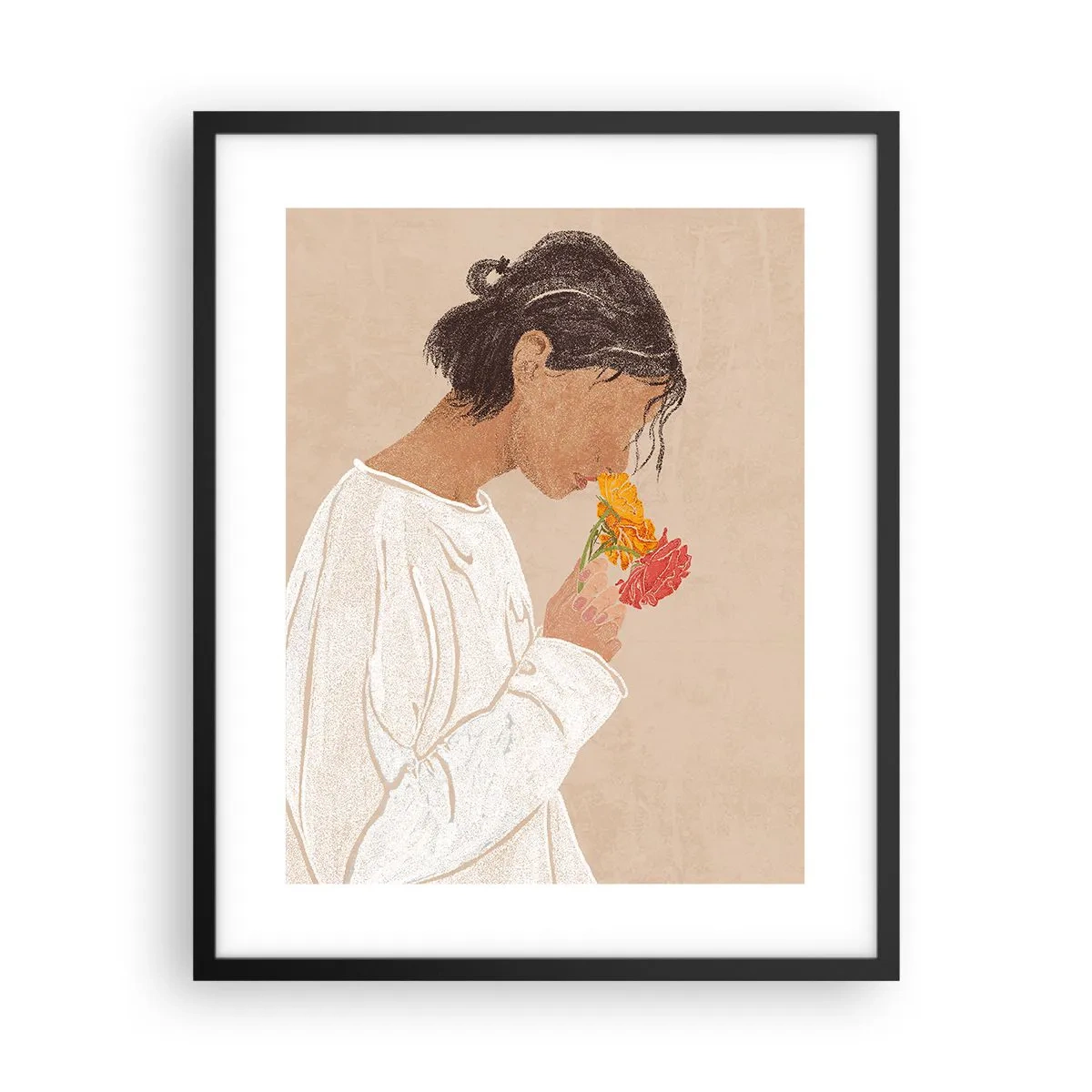 Affiche dans un cadre noir - Poster - Fille et fleurs - 40x50 cm
