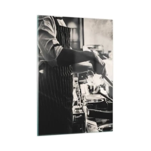 Impression sur verre - Image sur verre - Un chef en action avec une poêle à frire dans une cuisine remplie de vapeur - 50x70cm - Alchimie des saveurs - Décoration murale moderne pour le salon et la chambre ARTTOR