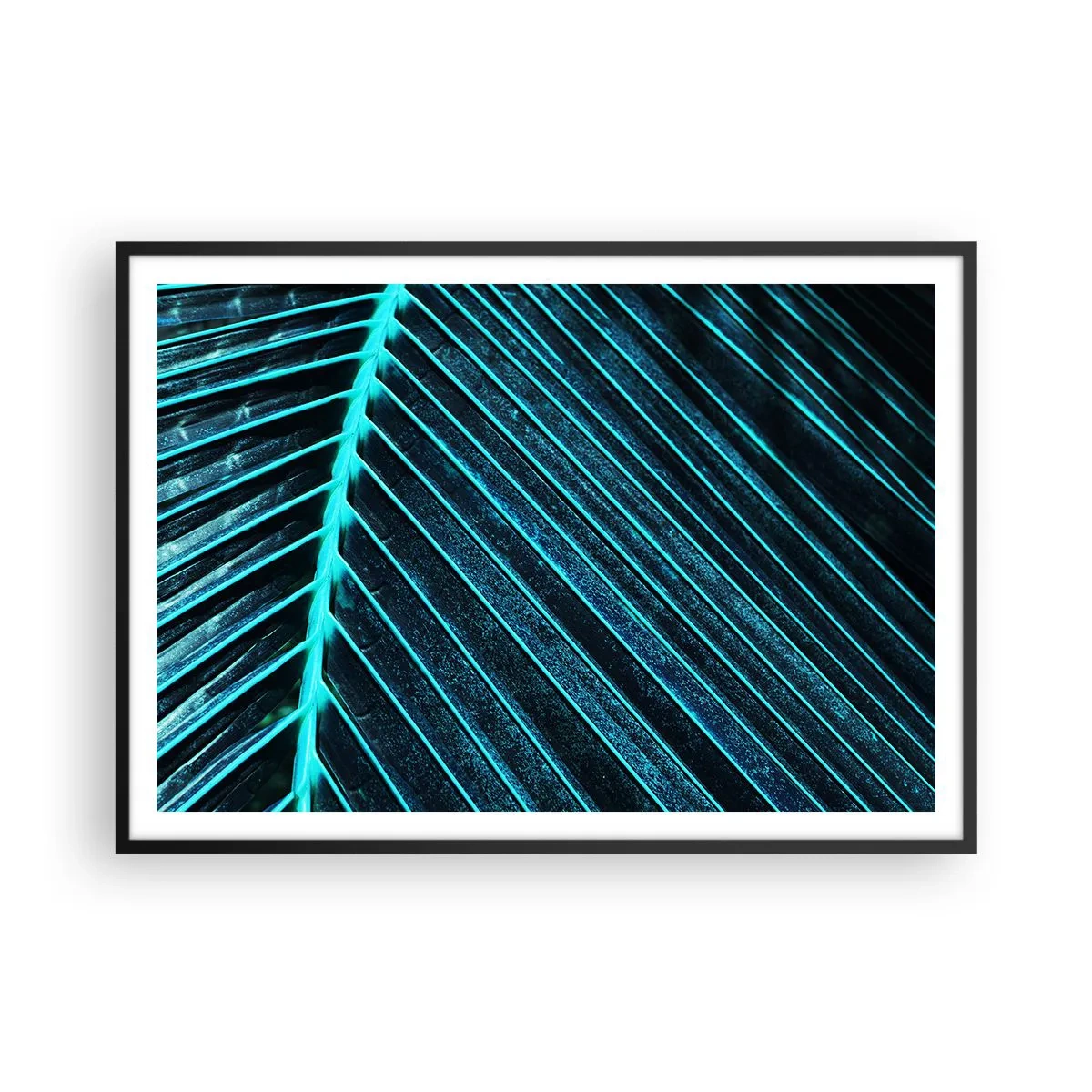 Affiche dans un cadre noir - Poster - Macrophotographie d'une feuille dans les tons turquoise et bleu marine - 100x70cm - Texture verte - Décoration murale moderne pour le salon et la chambre ARTTOR