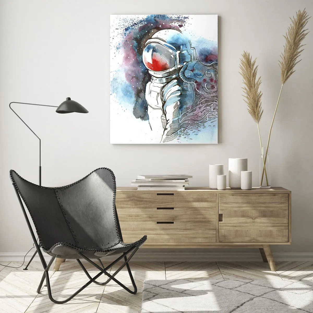 Impression sur verre - Image sur verre - Astronaute dans un décor spatial aquarelle dynamique - 50x70cm - Seul avec l'espace - Décoration murale moderne pour le salon et la chambre ARTTOR
