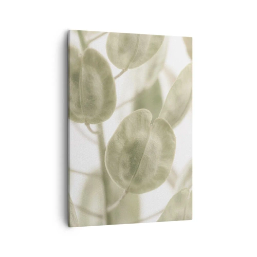 Impression sur toile - Image sur toile - Une peinture délicate de feuilles dans des tons pastel de vert sur un fond clair. - 50x70cm - Au commencement il y avait des feuilles... - Décoration murale moderne pour le salon et la chambre ARTTOR