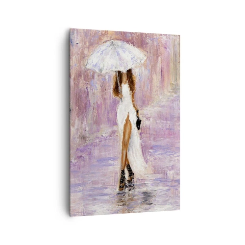 Impression sur toile - Image sur toile - Une femme avec un parapluie marchant sous la pluie dans des tons lilas - 80x120cm - Sous la pluie lilas - Décoration murale moderne pour le salon et la chambre ARTTOR