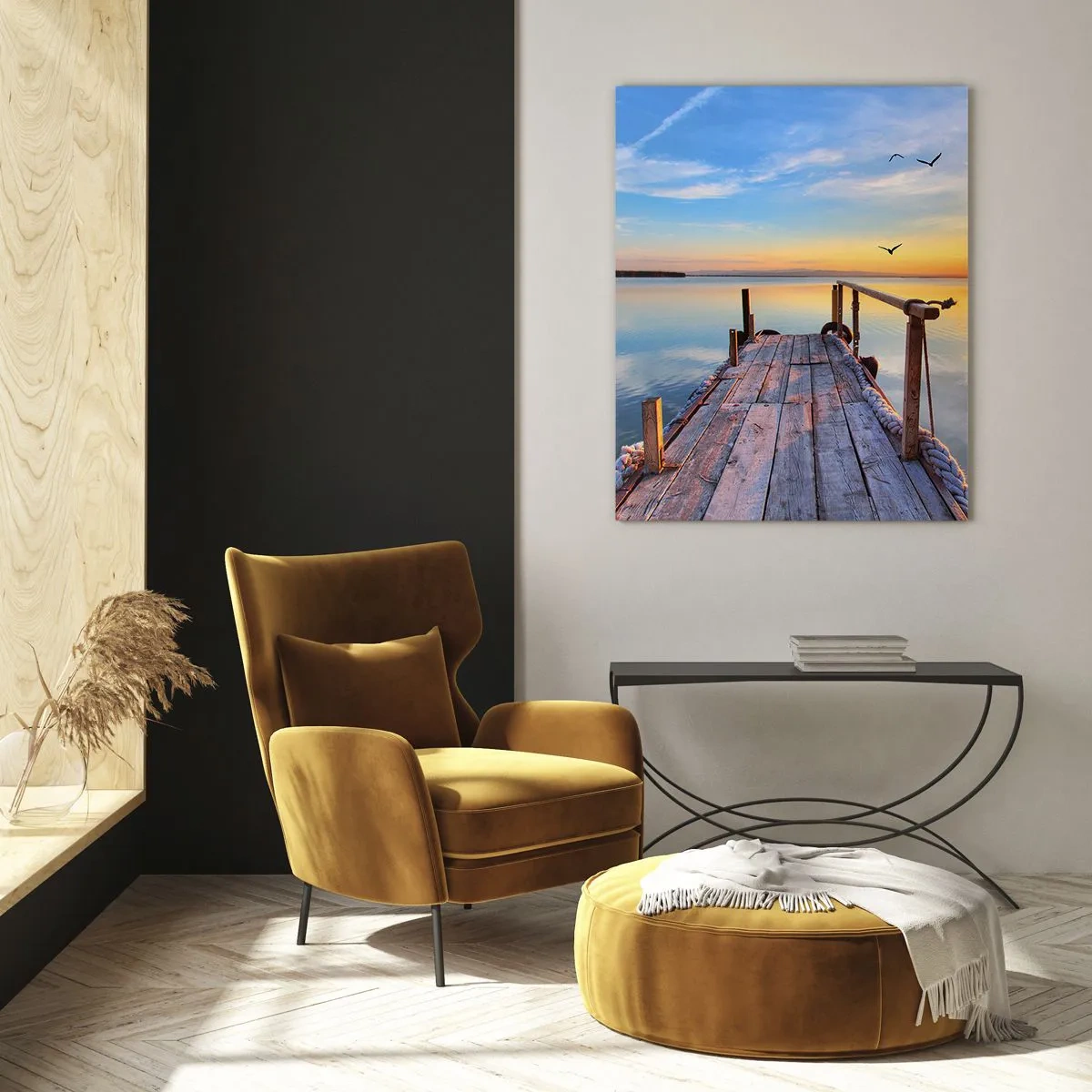 Impression sur verre - Image sur verre - Jetée en bois sur le lac au coucher du soleil - 50x70cm - Marcher droit vers le soleil - Décoration murale moderne pour le salon et la chambre ARTTOR