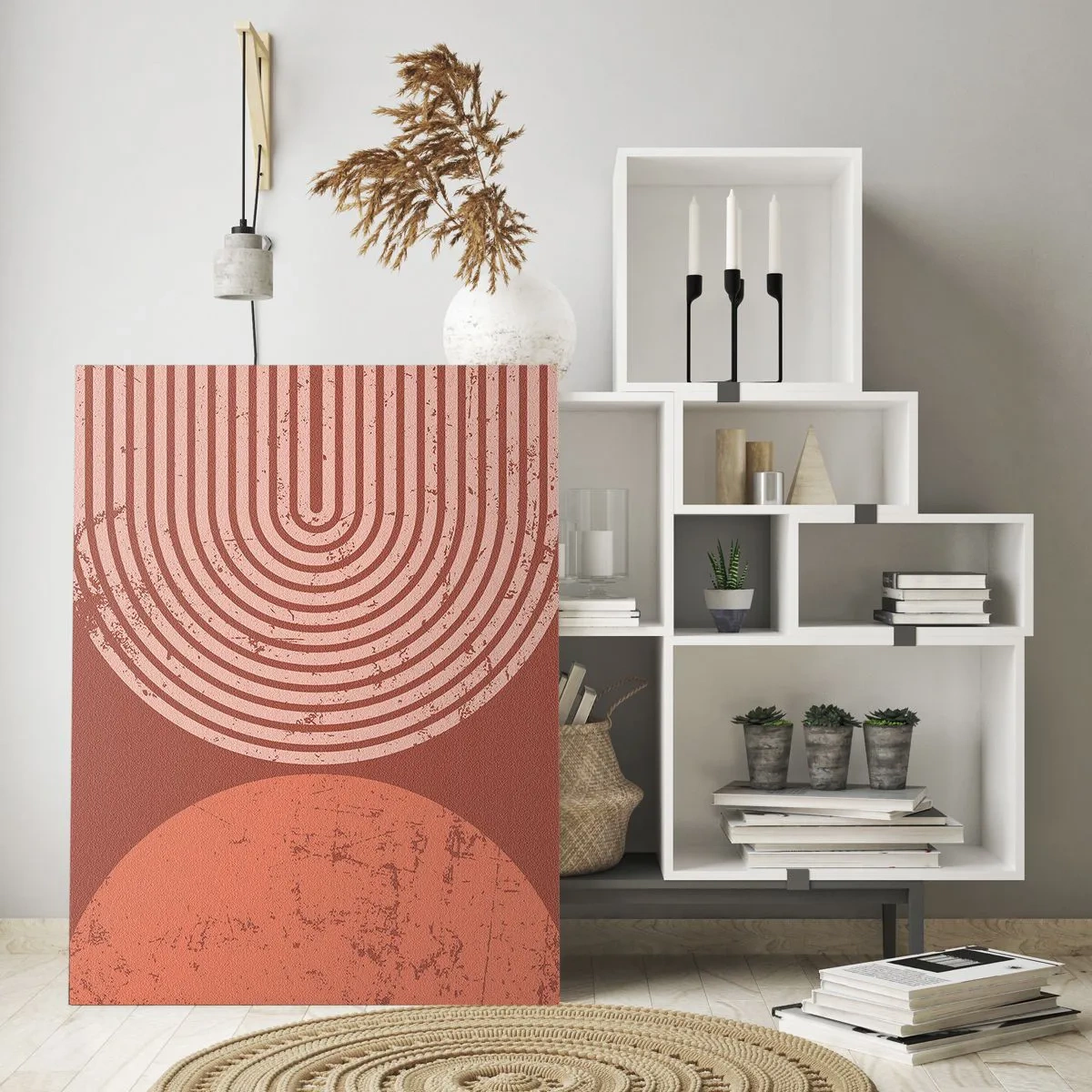 Impression sur verre - Image sur verre - Graphique géométrique de couleur rouille avec un demi-cercle et un cercle - 50x70cm - Une relation proche - Décoration murale moderne pour le salon et la chambre ARTTOR