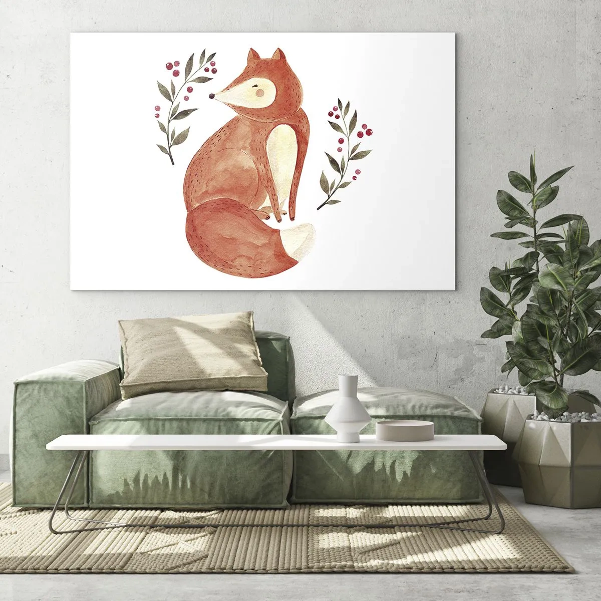 Impression sur verre - Image sur verre - Adorable renard aquarelle avec des brindilles et des baies - 100x70cm - Petit rouquin - Décoration murale moderne pour le salon et la chambre ARTTOR