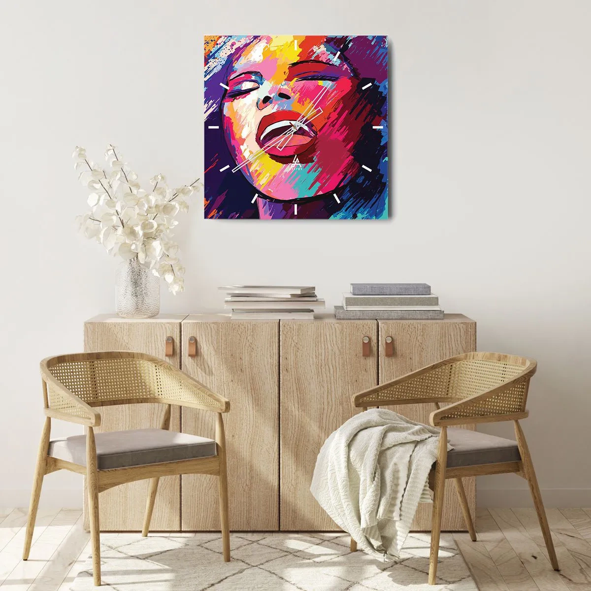 Horloge murale - Pendule murale - Portrait abstrait d'une femme aux couleurs vives - 30x30cm - Chante toute ma vie - Décoration murale moderne pour le salon et la chambre ARTTOR