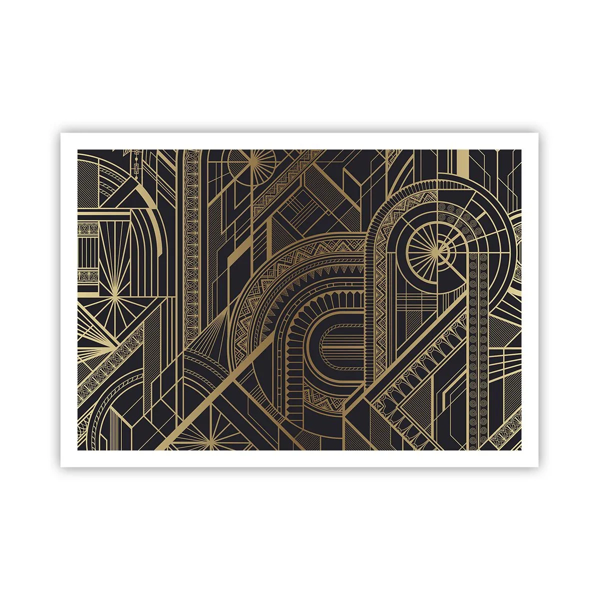 Affiche - Poster - Motifs géométriques dorés sur fond noir dans le style Art Déco - 100x70cm - Concept, idée, plan - Décoration murale moderne pour le salon et la chambre ARTTOR