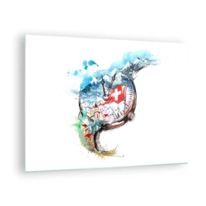 Impression sur verre - Image sur verre - Aquarelle représentant un paysage suisse avec un drapeau et une montre - 70x50cm - L'esprit de la Suisse - Décoration murale moderne pour le salon et la chambre ARTTOR