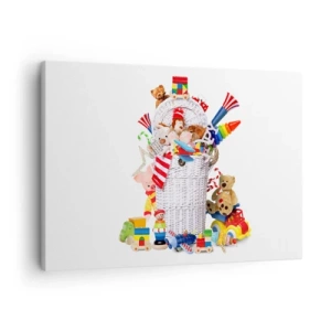 Impression sur toile - Image sur toile - Un panier coloré rempli de jouets pour enfants - 70x50cm - Trésors des tout-petits - Décoration murale moderne pour le salon et la chambre ARTTOR