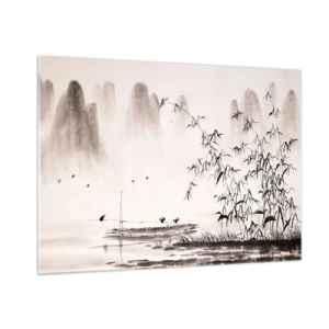 Impression sur verre - Image sur verre - Une scène minimaliste avec du bambou et un bateau sur un lac. - 100x70cm - Le silence des rizières - Décoration murale moderne pour le salon et la chambre ARTTOR