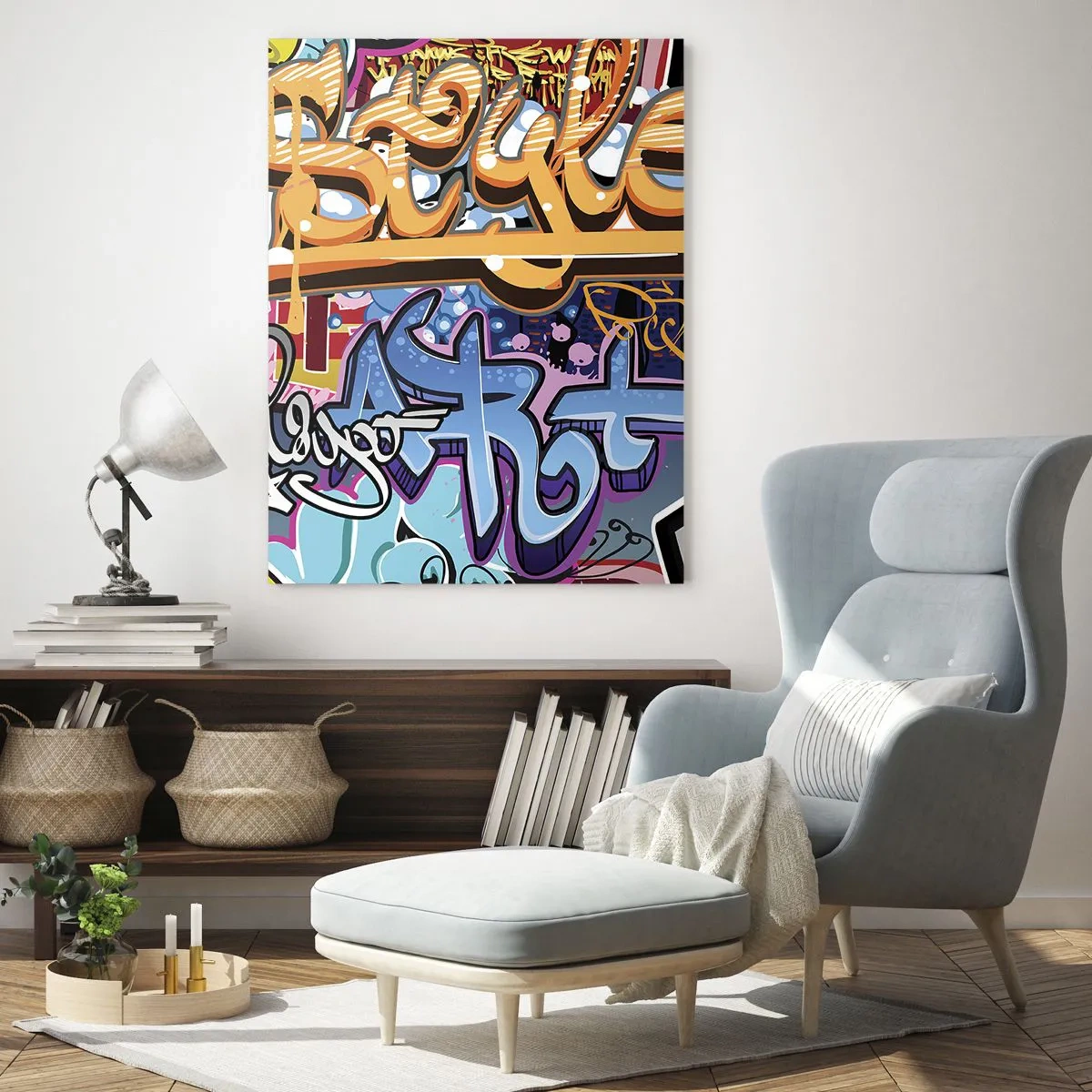 Impression sur verre - Image sur verre - Graffitis colorés avec inscriptions et dessins dynamiques - 50x70cm - Fresques, fresques, fresques… - Décoration murale moderne pour le salon et la chambre ARTTOR