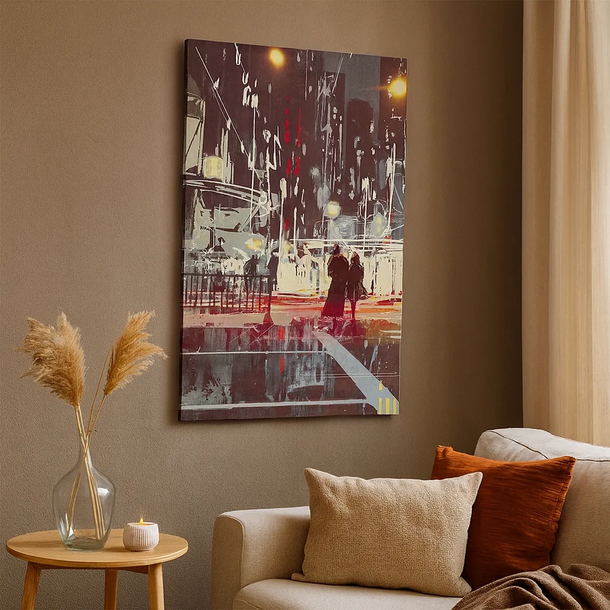 Impression sur toile - Image sur toile - Ville la nuit avec des néons et des silhouettes de personnes dans la rue - 50x70cm - Une grande traversée de ville - Décoration murale moderne pour le salon et la chambre ARTTOR