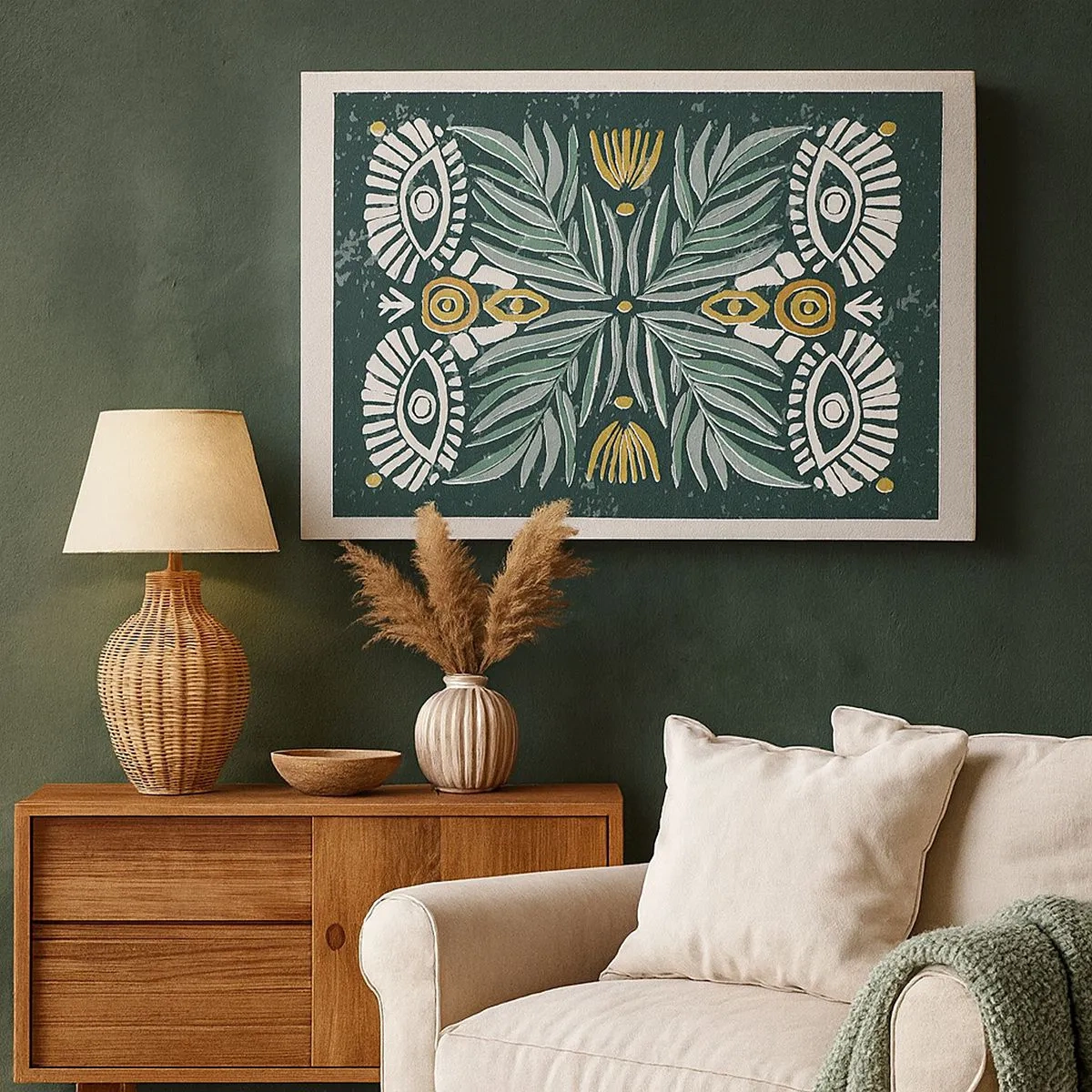 Impression sur toile - Image sur toile - Motif végétal symétrique sur fond vert - 70x50cm - Comme une découpe folklorique - Décoration murale moderne pour le salon et la chambre ARTTOR