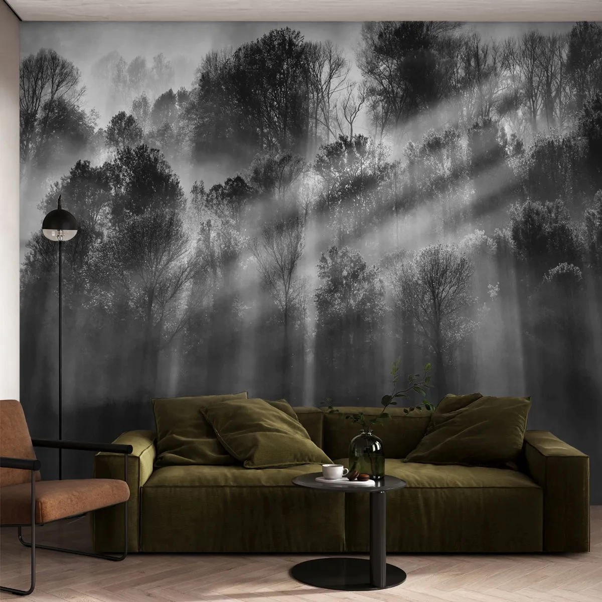 Papier Peint Photo Premium Sand - Forêt noire et blanche avec des rayons de lumière qui brillent à travers les arbres - 100x70cm - Dans les flots de lumière - Décoration murale moderne pour le salon et la chambre ARTTOR