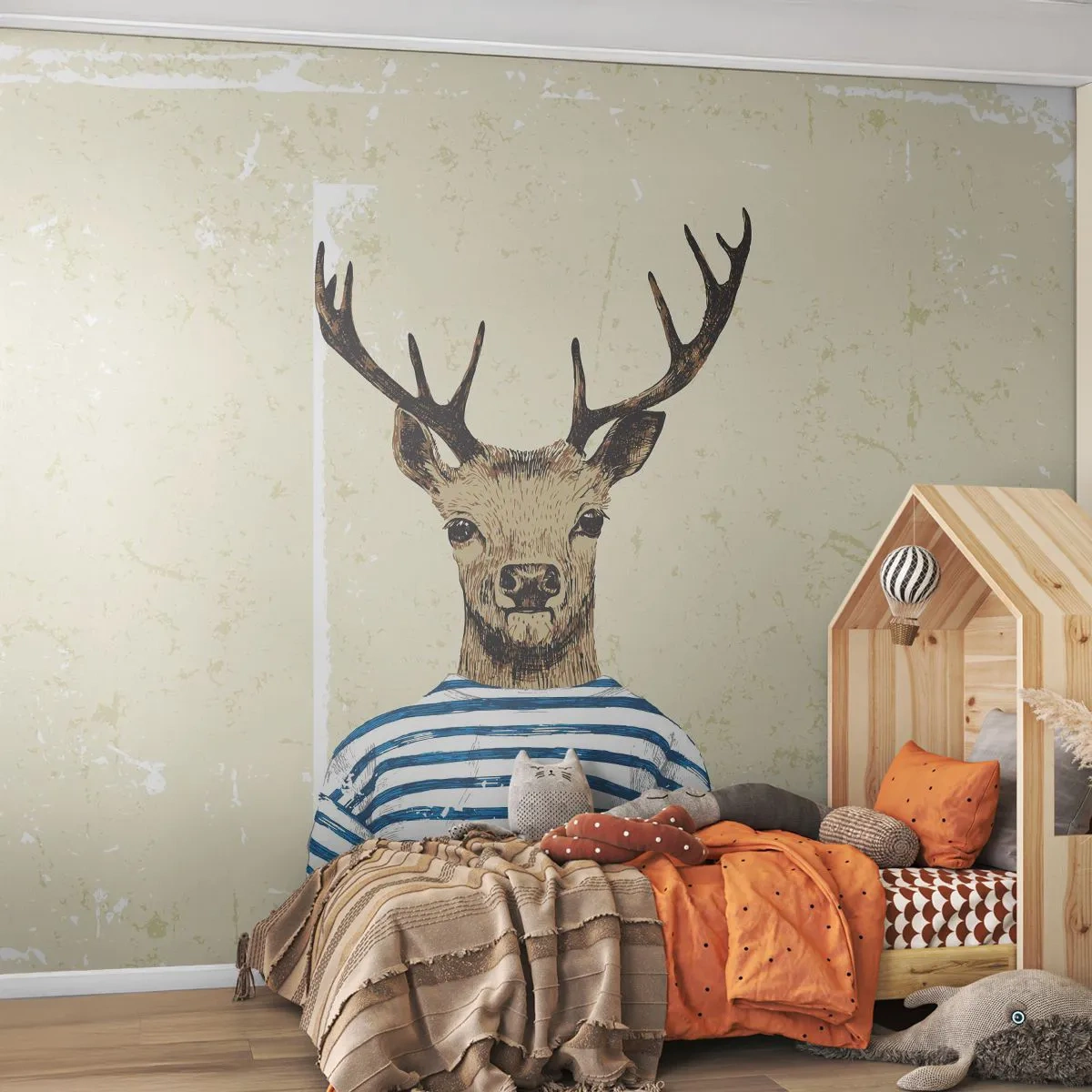 Papier Peint Photo Premium Sand - Cerf stylisé en chemise de marin - 100x70cm - Parce que j'aime les chemises rayées - Décoration murale moderne pour le salon et la chambre ARTTOR
