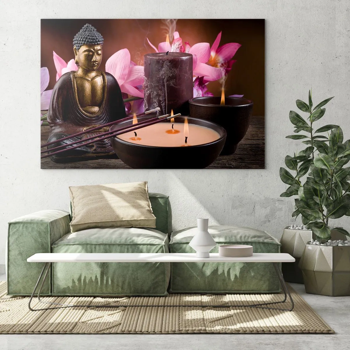 Impression sur verre - Image sur verre - Composition de relaxation avec Bouddha, bougies et fleurs - 70x50cm - Vider l'esprit, calmer le corps - Décoration murale moderne pour le salon et la chambre ARTTOR
