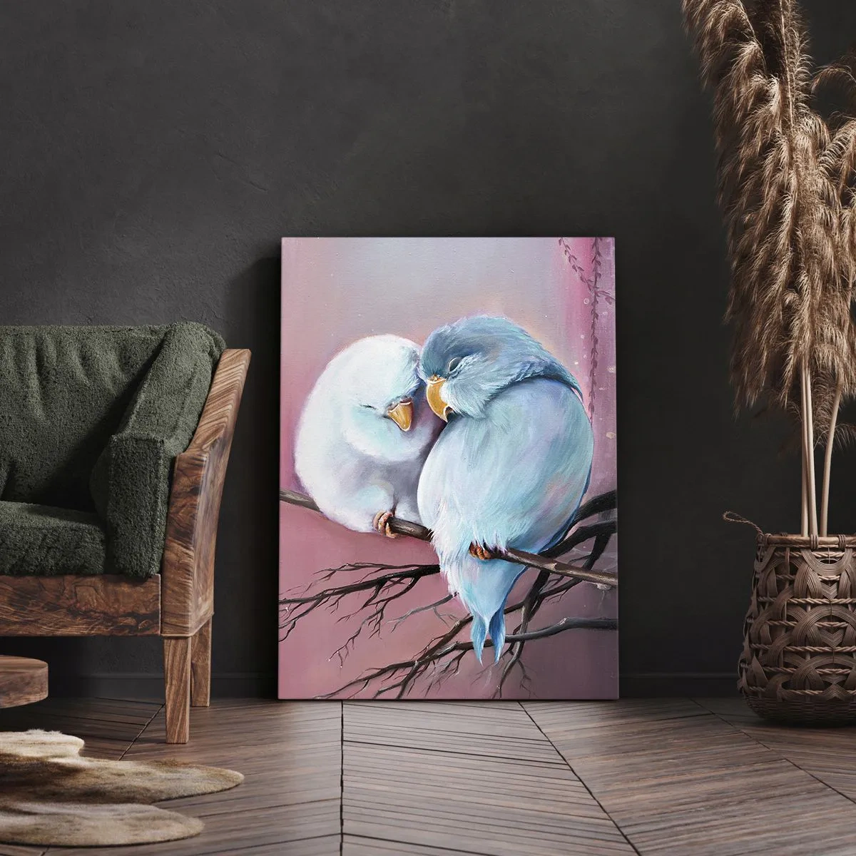 Impression sur toile - Image sur toile - Deux oiseaux amoureux sur une branche sur fond rose - 70x100cm - Que dire de plus?... - Décoration murale moderne pour le salon et la chambre ARTTOR