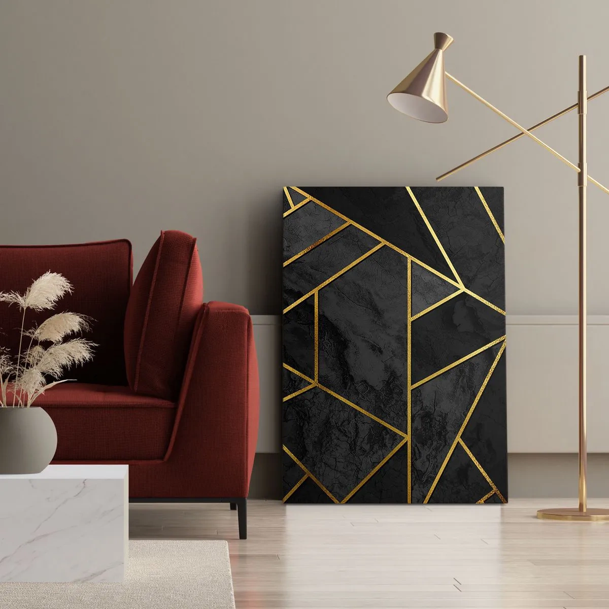 Impression sur toile - Image sur toile - Motif géométrique doré sur fond noir - 80x120cm - Obscurité et éclat - Décoration murale moderne pour le salon et la chambre ARTTOR