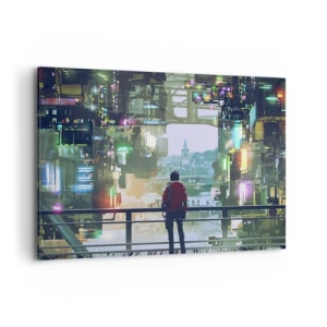 Impression sur toile - Image sur toile - Une silhouette dans une ville futuriste avec des néons - 100x70cm - Deux mondes - Décoration murale moderne pour le salon et la chambre ARTTOR
