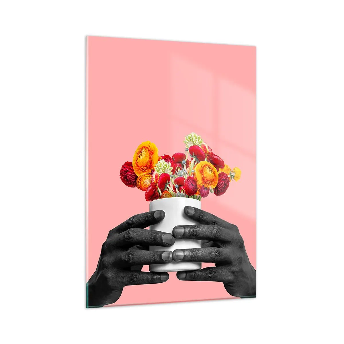 Impression sur verre - Image sur verre - Mains noires et blanches tenant un bouquet de fleurs colorées - 50x70cm - Apothéose de la vie - Décoration murale moderne pour le salon et la chambre ARTTOR