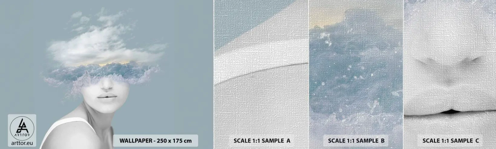 Échantillon de Papier Peint Premium Canvas - La tête dans les nuages - Brillant, Portrait, Des nuages - 100x30 cm