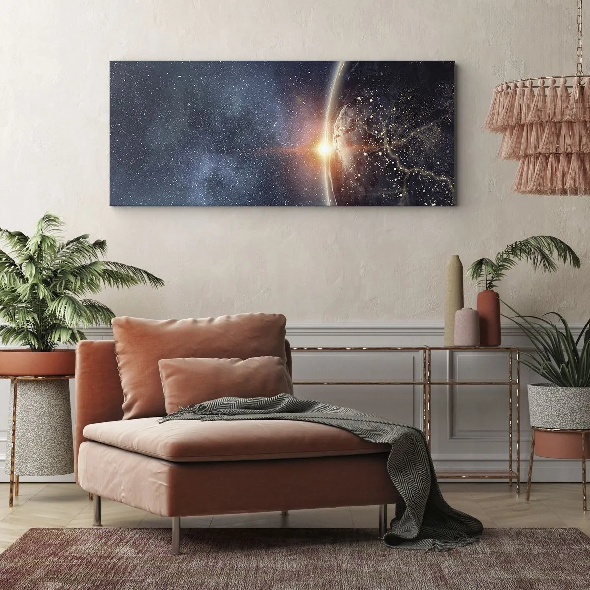 Impression sur toile - Image sur toile - La Terre vue de l'espace avec le soleil levant - 140x50cm - Dans une nouvelle perspective - Décoration murale moderne pour le salon et la chambre ARTTOR