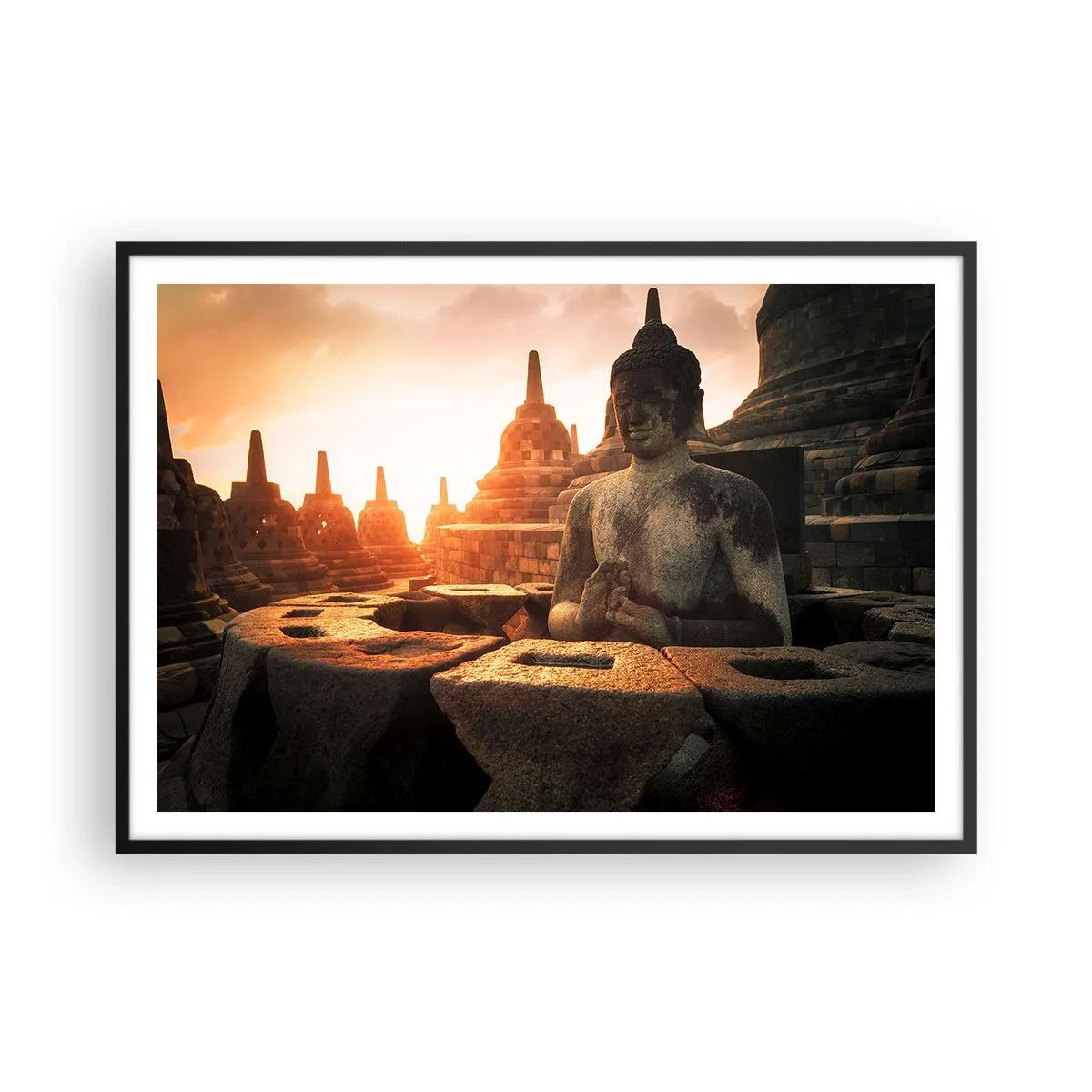 Affiche dans un cadre noir - Poster - Statue de Bouddha au temple de Borobudur au coucher du soleil - 100x70cm - Temps de grande sagesse - Décoration murale moderne pour le salon et la chambre ARTTOR