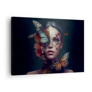 Impression sur toile - Image sur toile - Portrait d'une femme avec des papillons et des éléments végétaux - 70x50cm - Une merveilleuse métamorphose - Décoration murale moderne pour le salon et la chambre ARTTOR