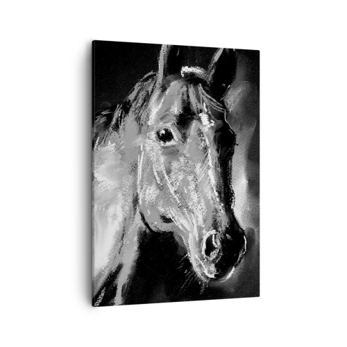 Impression sur toile - Image sur toile - Portrait d'un cheval dans un style dynamique en noir et blanc - 50x70cm - L'éclat d'une âme noble - Décoration murale moderne pour le salon et la chambre ARTTOR