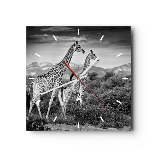 Horloge murale - Pendule murale - Silhouettes noires et blanches de deux girafes dans la savane - 30x30cm - Hautes sphères en Afrique - Décoration murale moderne pour le salon et la chambre ARTTOR