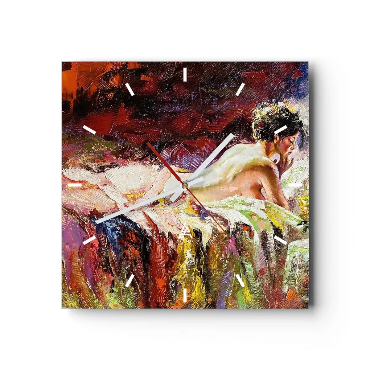 Horloge murale - Pendule murale - Une femme allongée sur un lit sur un fond de couleurs abstraites. - 30x30cm - Vénus en pensée - Décoration murale moderne pour le salon et la chambre ARTTOR