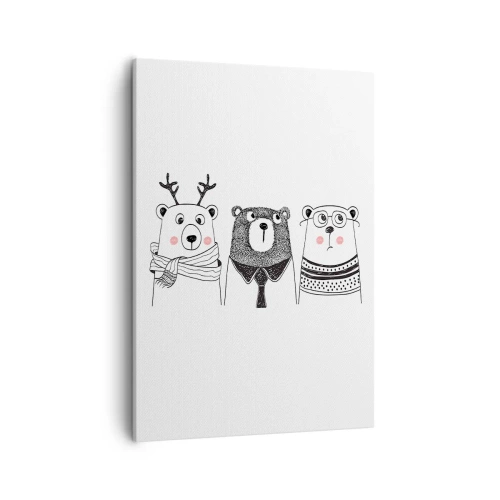 Impression sur toile - Image sur toile - Trois ours rigolos dans un style minimaliste - 50x70cm - Ours en peluche, petit ours en peluche et doudou - Décoration murale moderne pour le salon et la chambre ARTTOR